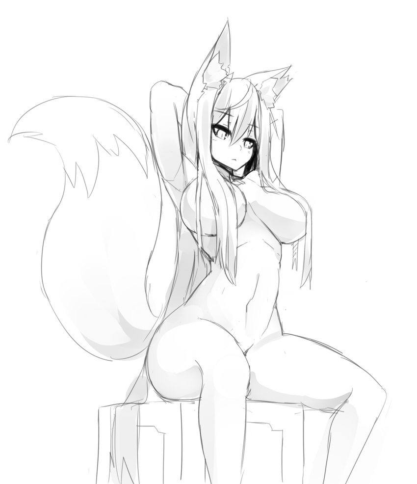 2017 animal_humanoid athletic big_breasts big_tail breasts canine convenient_censorship fox fox_humanoid hair hair_covering_breasts hand_behind_head huge_breasts humanoid inner_ear_fluff long_hair mammal monochrome navel nude raised_arm simple_background sitting sketch slit_pupils solo sub-res thick_thighs voluptuous white_background wide_hips