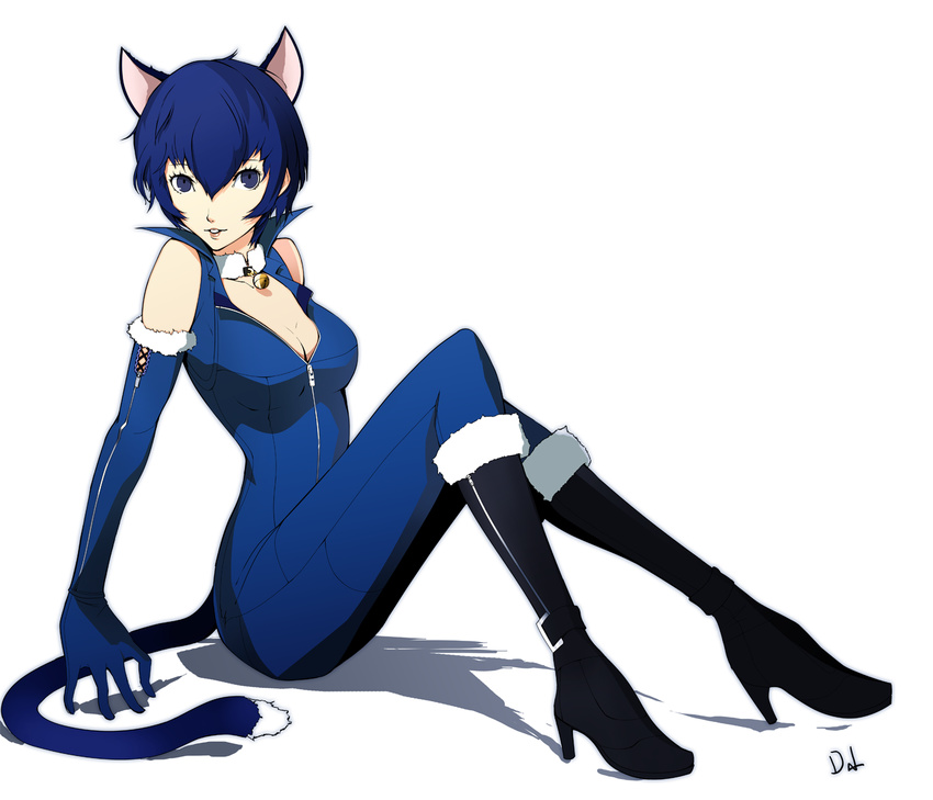 alternate_costume animal_ears blue_eyes blue_hair boots breasts cat_ears cat_tail catsuit cleavage commentary dh_(brink_of_memories) elbow_gloves full-length_zipper gloves halloween_costume high_heel_boots high_heels highres kemonomimi_mode medium_breasts official_style persona persona_4 revision scarf shirogane_naoto short_hair signature sitting solo tail zipper