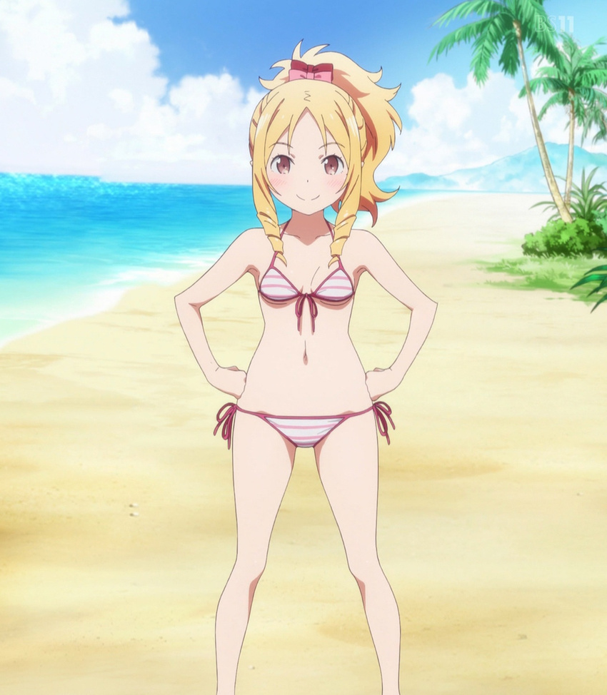 1girl beach bikini blonde_hair blush breasts brown_eyes cleavage day eromanga_sensei hand_on_hips highres long_hair looking_at_viewer navel ponytail screenshot sexy small_breasts smile solo standing striped_bikini swimsuit yamada_elf