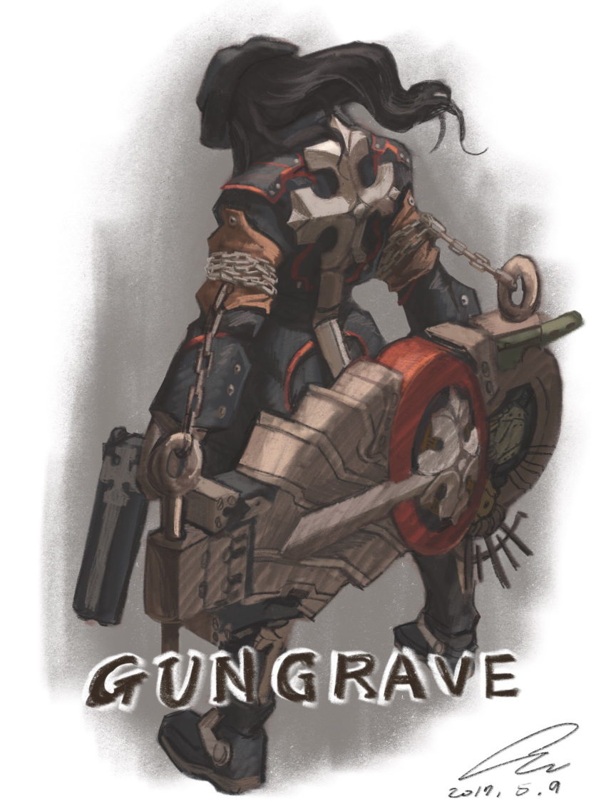 1boy black_hair boots chains character_request dated gloves gun gungrave handgun hat highres holding holding_gun holding_weapon long_hair looking_away oz_(gerbera7) pistol signature simple_background solo weapon white_background