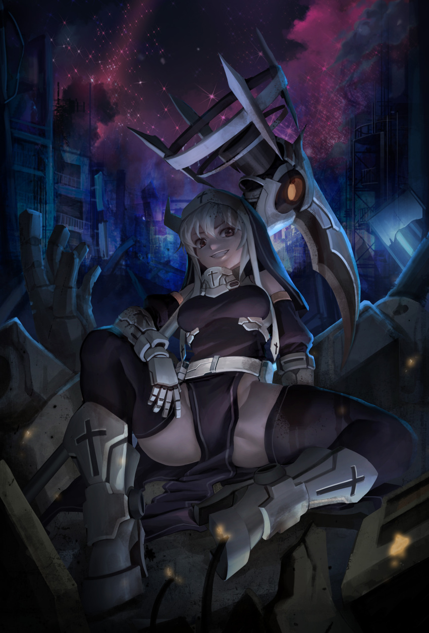 1girl absurdres belt brown_eyes debris greaves high_heels highres long_hair mechanical_arm nun original over_shoulder oz_(gerbera7) scythe sitting sky smile solo spread_legs star thighhighs weapon weapon_over_shoulder white_hair