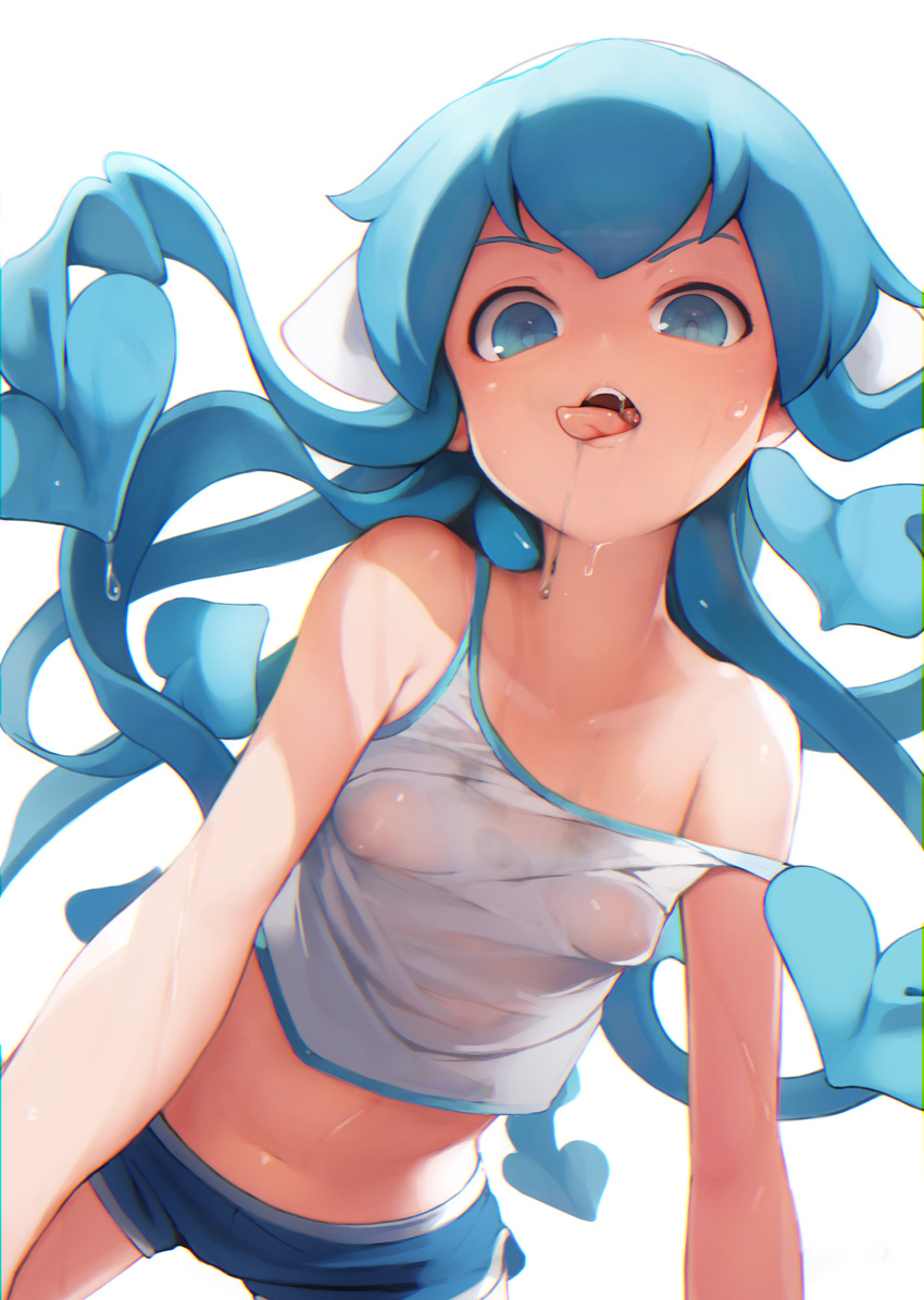 ataruman bare_shoulders blue_eyes blue_hair blue_shorts breasts camisole chromatic_aberration collarbone covered_nipples drooling from_below highres ikamusume long_hair looking_at_viewer midriff naughty_face navel off_shoulder open_mouth saliva see-through shinryaku!_ikamusume shirt short_shorts shorts small_breasts solo tentacle_hair tongue tongue_out wet wet_clothes wet_shirt