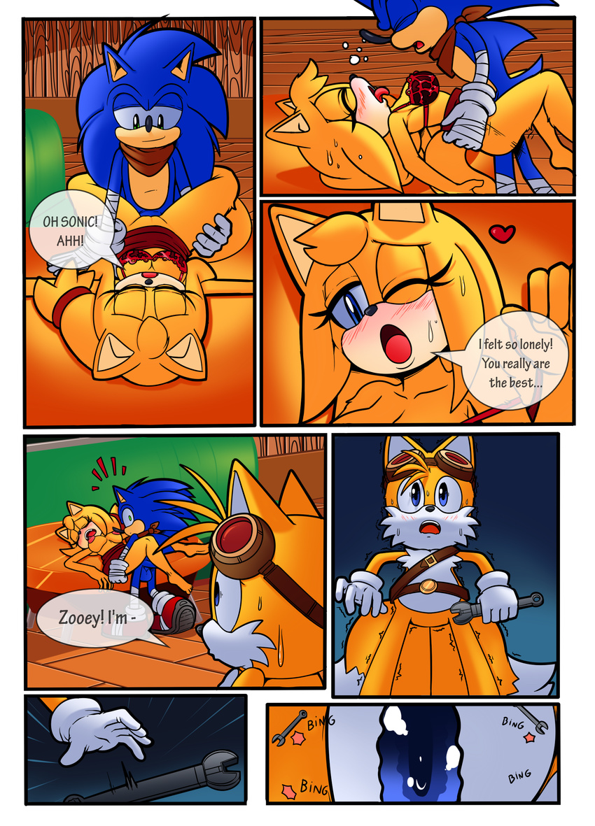 anthro bra breasts canine clothing comic cuckold dreamcastzx1 female fox half_naked hedgehog lying male mammal miles_prower missionary_position on_back raianonzika sex simple_background sonic_(series) sonic_boom sonic_the_hedgehog underwear zooey_the_fox