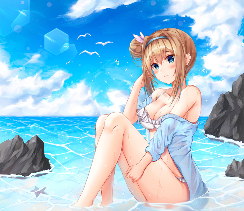 1girl animal armpit_crease ass bangs bare_shoulders bikini bird blonde_hair blue_eyes blue_jacket blue_sky blush breasts caustics cleavage closed_mouth cloud cloudy_sky collarbone day eyebrows_visible_through_hair fish flock frilled_bikini frills frown girls_frontline glint hair_bun hair_intakes hair_ornament hairband horizon jacket knees_up lens_flare light_particles lkeris long_hair looking_at_viewer medium_breasts ocean off_shoulder outdoors partially_submerged rock see-through short_sleeves side_bun sidelocks sitting sky solo starfish sunlight suomi_kp31_(girls_frontline) swimsuit water wet white_bikini