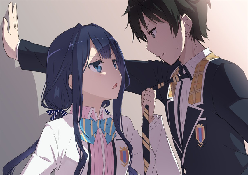 &gt;:( 1girl adagaki_aki bangs black_hair blazer blue_eyes blue_hair blush commentary_request d: eye_contact eyebrows_visible_through_hair frown gochou_(atemonai_heya) holding jacket long_hair looking_at_another low_twintails makabe_masamune masamune-kun_no_revenge necktie necktie_grab neckwear_grab open_mouth parted_lips school_uniform sidelocks sweatdrop twintails upper_body v-shaped_eyebrows wall_slam