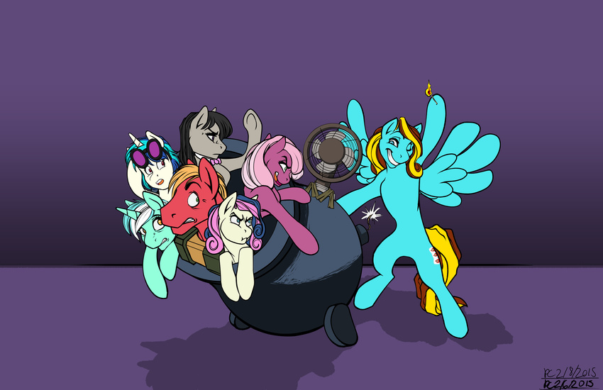 2015 absurd_res angry big_macintosh_(mlp) bonbon_(mlp) cannon cheerilee_(mlp) cutie_mark equine fan_character female feral flyingram friendship_is_magic hi_res horn lyra_heartstrings_(mlp) male mammal my_little_pony octavia_(mlp) portable_fan ranged_weapon scared smile unicorn vinyl_scratch_(mlp) weapon