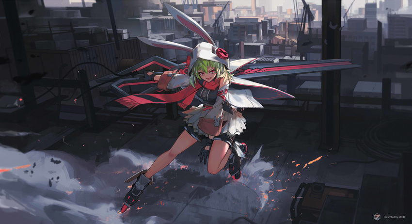 black_gloves boots breasts cityscape commentary fang forever_7th_capital gloves green_hair highres holding holding_weapon large_breasts looking_at_viewer mivit red_eyes revision short_hair smile solo weapon