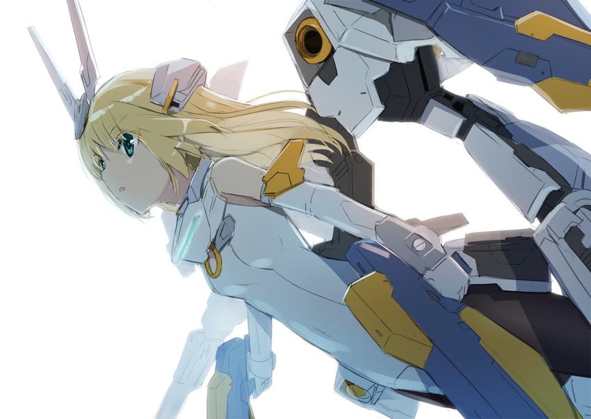 bangs baselard blonde_hair bodysuit commentary_request elbow_gloves eyebrows_visible_through_hair frame_arms_girl from_side gloves gochou_(atemonai_heya) green_eyes headgear leotard long_hair mecha_musume parted_lips simple_background solo white_background white_leotard