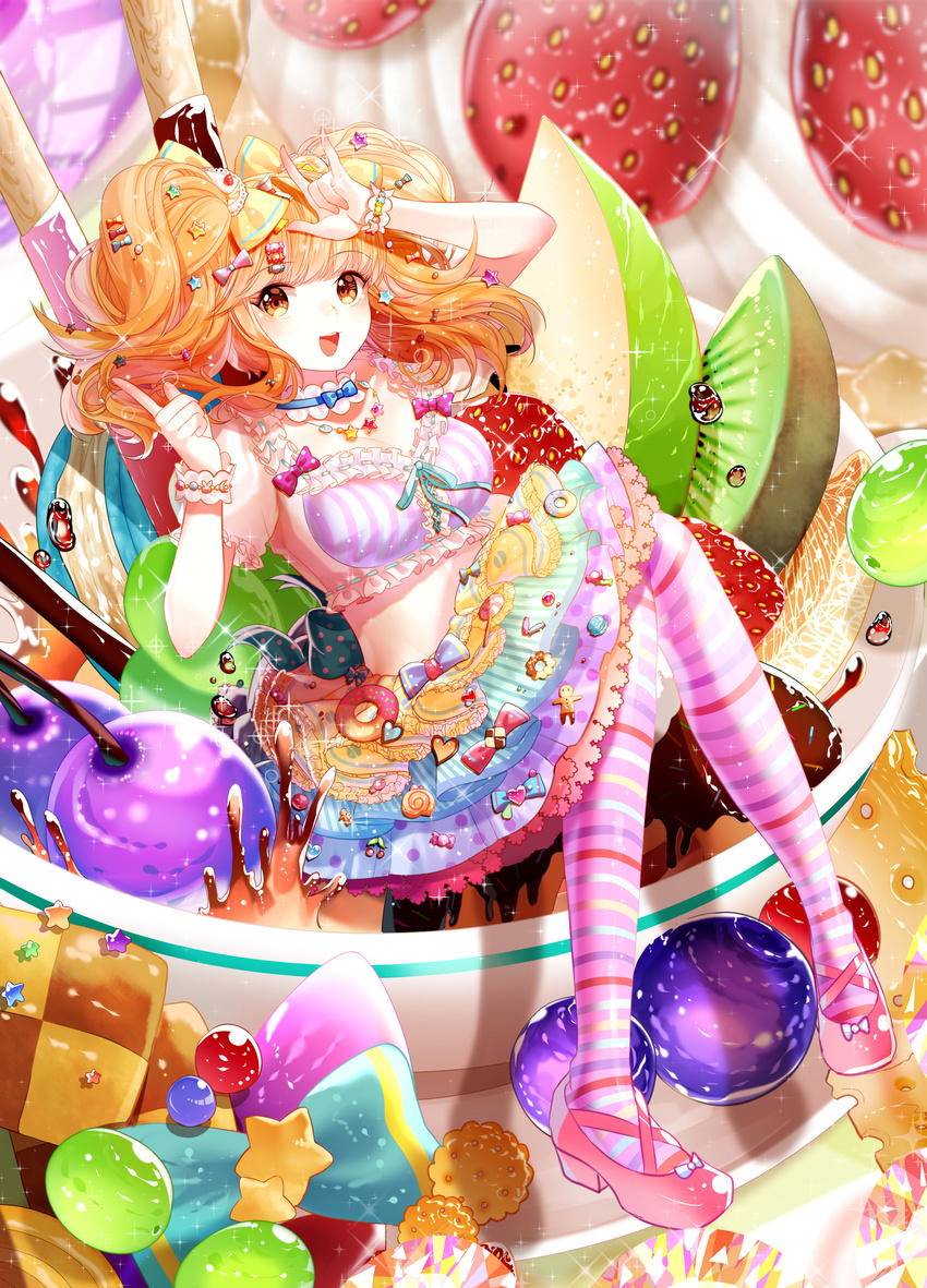 :3 :d \m/ absurdres apple_slice aqua_bow aqua_ribbon bad_id bad_pixiv_id bangs blouse blue_bow blue_choker blurry blurry_background blush bow breasts cake candy candy_hair_ornament checkerboard_cookie cherry choker cleavage cookie cracker crop_top cross-laced_clothes cross-laced_footwear cup doughnut eyebrows_visible_through_hair food food_themed_hair_ornament frilled_blouse frilled_choker frilled_skirt frilled_sleeves frills fruit gingerbread_man grapes green_apple hair_bow hair_ornament hairclip hand_on_head high_heels highres idolmaster idolmaster_cinderella_girls idolmaster_cinderella_girls_starlight_stage jewelry kiwifruit knees_together_feet_apart lace lace-trimmed_skirt large_breasts layered_skirt lepoule looking_at_viewer macaron mary_janes medium_hair midriff minigirl moroboshi_kirari multicolored multicolored_clothes multicolored_skirt necklace open_mouth orange_eyes orange_hair pink_bow pink_footwear pocky pointing polka_dot polka_dot_bow puffy_short_sleeves puffy_sleeves purple_legwear ribbon shoe_bow shoes short_sleeves sidelocks skirt smile solo sparkle splashing sprinkles star star_hair_ornament star_necklace strawberry strawberry_shortcake striped striped_legwear swept_bangs teacup teeth thighhighs twintails wrist_cuffs yellow_bow