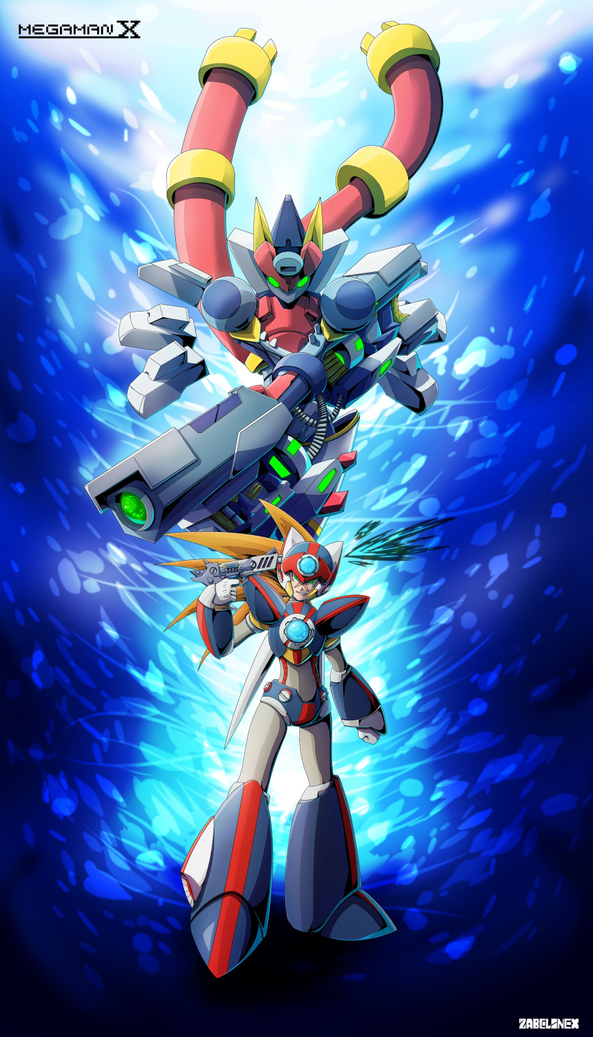 1boy absurdres armor axl_(mega_man) biometal black_armor black_helmet blue_background brown_hair chest_jewel cross_scar finger_on_trigger forehead_jewel full_body green_eyes gun helmet highres holding holding_gun holding_weapon in-franchise_crossover long_hair male_focus mega_man_(series) mega_man_x_(series) mega_man_zx mega_man_zx_advent model_a_(mega_man) red_helmet scar scar_on_face spiked_hair weapon zabelinex