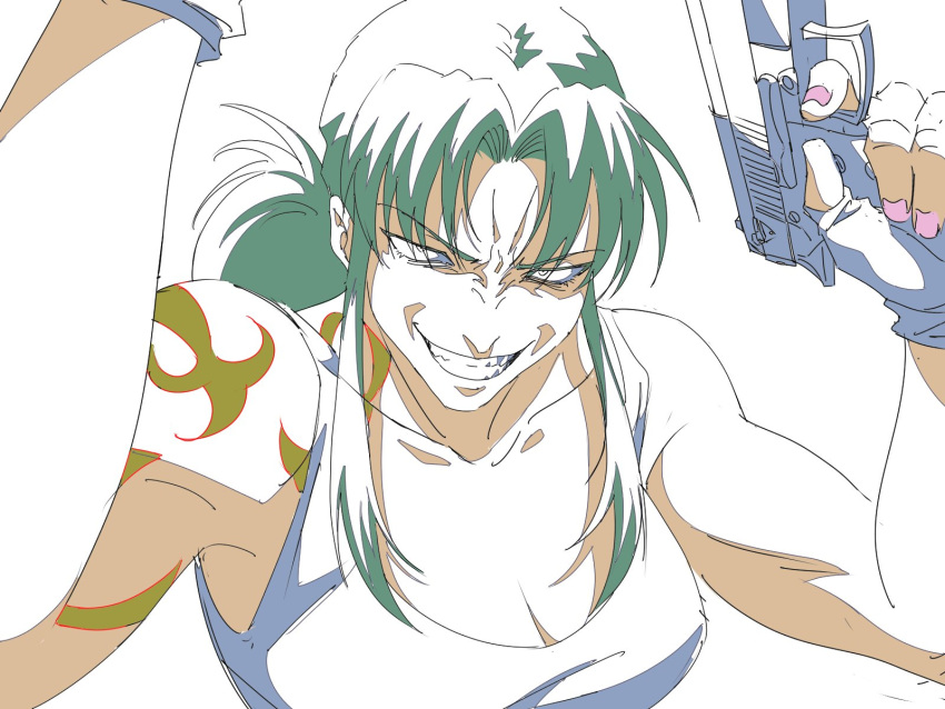 1girl bare_shoulders beretta_92 biceps black_lagoon breasts cleavage clenched_teeth evil_grin evil_smile facing_viewer finger_on_trigger fingerless_gloves gloves grin gun handgun highres holding holding_weapon lineart long_sideburns looking_at_viewer menacing nail_polish out_of_frame parted_bangs pink_nails ponytail revy_(black_lagoon) sakukandice shoulder_tattoo sideburns smile solo tank_top tattoo teeth tomboy weapon white_background