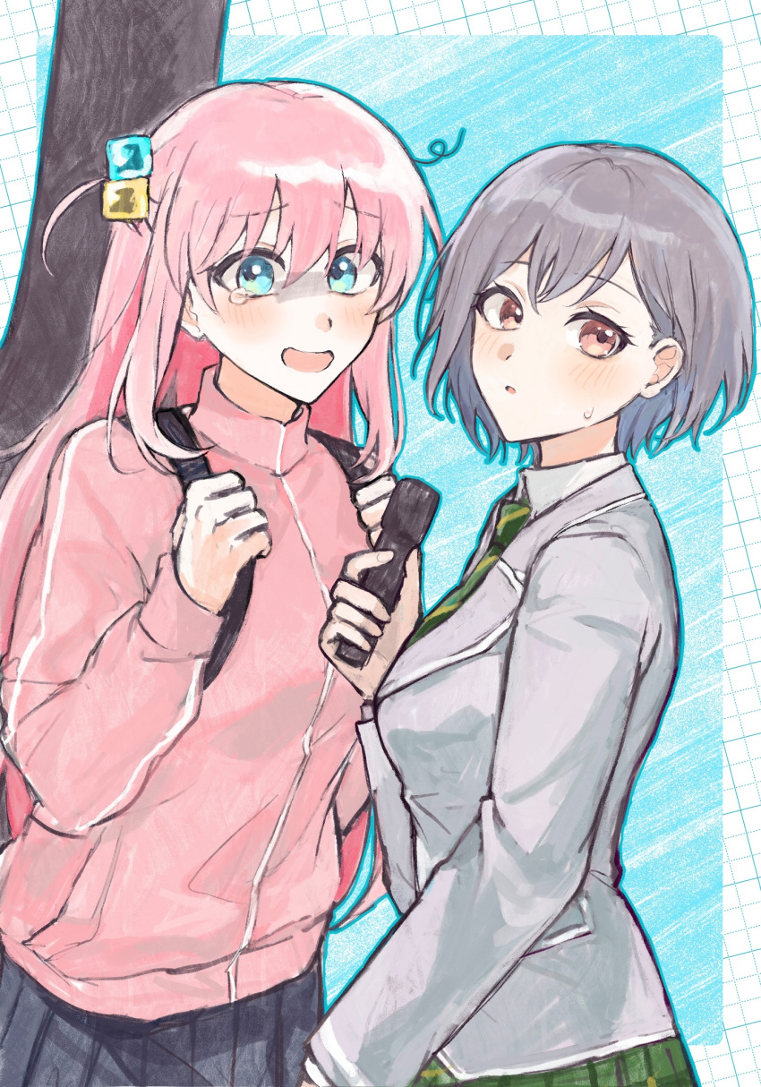 bang_dream! bang_dream!_it's_mygo!!!!! black_skirt blue_eyes bocchi_the_rock! gotoh_hitori grey_hair guitar_case hair_ornament hairpin haneoka_school_uniform highres holding holding_microphone hood hoodie immmso_ko instrument_case long_hair looking_at_viewer looking_to_the_side microphone panicking pink_eyes pink_hair pink_hoodie school_uniform short_hair simple_background skirt sweatdrop takamatsu_tomori tearing_up