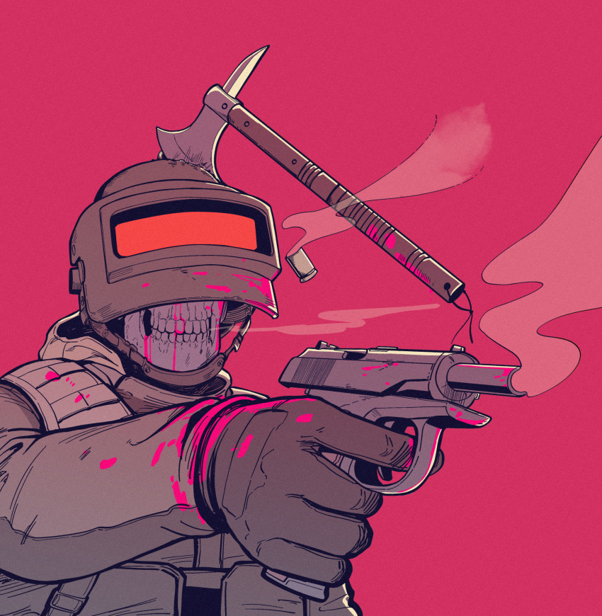 1other altyn_helmet axe blood blood_on_clothes blood_on_face blood_on_weapon combat_helmet finger_on_trigger gloves gun handgun hatchet_(axe) helmet highres hood hooded_jacket jacket load_bearing_vest makarov_pm military original parabellum pink_blood shell_casing skull smoke smoke_trail upper_body visor_(armor) weapon