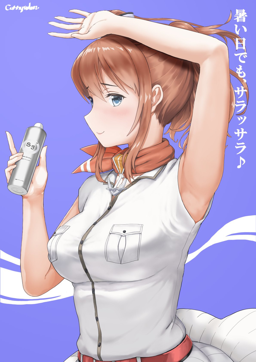 anchor arm_over_head armpits blue_eyes bottle breast_pocket brown_hair curry_soba day dress highres kantai_collection long_hair neckerchief pocket ponytail profile red_neckwear saratoga_(kantai_collection) side_ponytail sidelocks sky solo translation_request upper_body white_dress