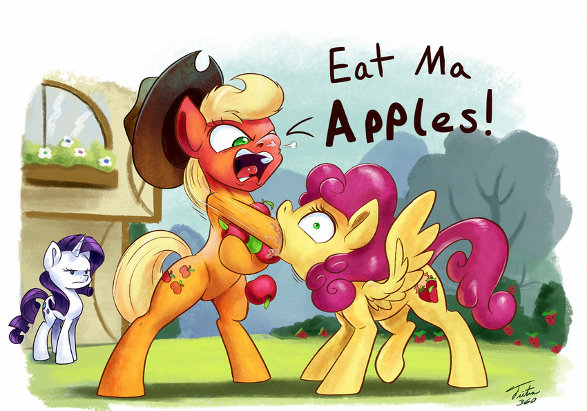 2017 angry apple applejack_(mlp) blonde_hair blue_eyes cowboy_hat cutie_mark dialogue earth_pony english_text equine feathered_wings feathers female feral food force_feeding forced friendship_is_magic fruit green_eyes group hair hat horn horse mammal my_little_pony open_mouth pegasus pink_hair pony purple_hair rarity_(mlp) strawberry_sunrise_(mlp) text tsitra360 unicorn wide_eyed wings