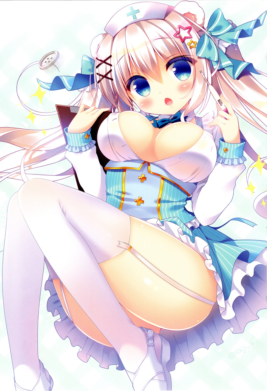 animal_ears cleavage erect_nipples no_bra nurse open_shirt sasai_saji stockings thighhighs watakubi