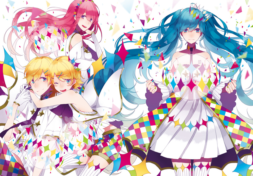 3girls ;d black_neckwear blonde_hair blue_eyes blue_hair bow breasts brown_shorts dress floating_hair gloves hair_bow hair_ornament hand_in_hair hatsune_miku highres hug hug_from_behind kagamine_len kagamine_rin long_hair looking_at_viewer megurine_luka multicolored multicolored_nails multiple_girls nail_polish necktie one_eye_closed open_mouth pleated_dress purple_eyes red_hair saine shirt short_hair short_shorts short_sleeves shorts siblings sideboob simple_background sleeveless sleeveless_shirt small_breasts smile strapless strapless_dress striped striped_legwear striped_shirt thighhighs twins twintails vertical-striped_legwear vertical-striped_shirt vertical_stripes very_long_hair vocaloid white_background white_dress white_gloves white_legwear white_shirt