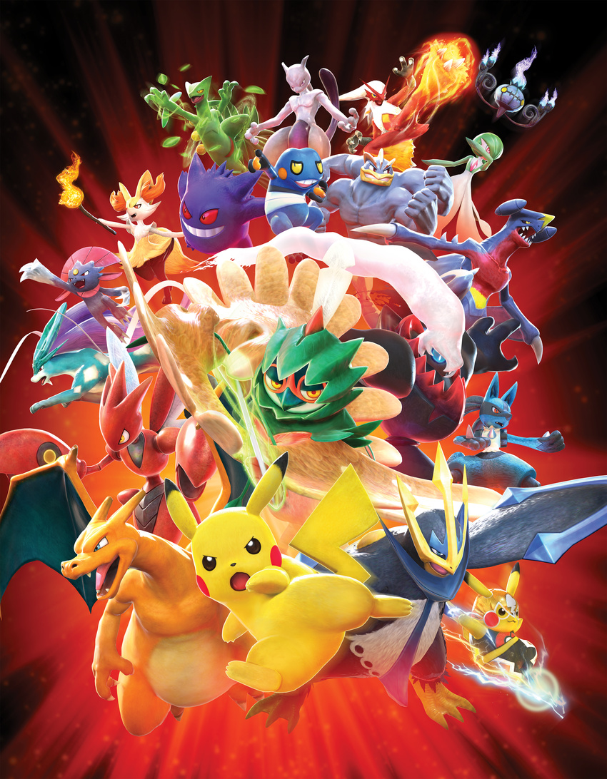 blaziken braixen chandelure charizard croagunk darkrai decidueye empoleon garchomp gardevoir gen_1_pokemon gen_2_pokemon gen_3_pokemon gen_4_pokemon gen_5_pokemon gen_6_pokemon gen_7_pokemon gengar highres huge_filesize lucario mewtwo no_humans official_art pikachu pikachu_libre pokemon pokemon_(creature) pokken_tournament pokken_tournament_dx sceptile scizor suicune weavile