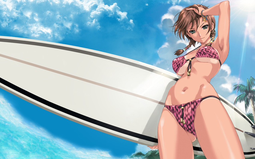 armpits ass_visible_through_thighs bikini bikini_tan bracelet braid breasts breasts_apart brown_hair cloud day front-tie_top green_eyes hand_on_own_head happoubi_jin highres hip_bones jewelry kuouzumiaiginsusutakeizumonokamimeichoujin_mika large_breasts looking_at_viewer navel resizing_artifacts resort_boin self_upload skindentation sky smile solo surfboard swimsuit tan tanline third-party_edit twin_braids