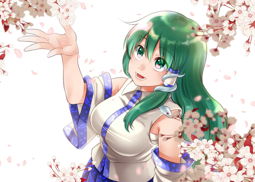 breasts cherry_blossoms commentary_request cowboy_shot detached_sleeves flower green_eyes green_hair hair_ornament hair_tubes kochiya_sanae large_breasts long_hair looking_up nora_wanko open_mouth petals sarashi smile snake_hair_ornament solo touhou white_background