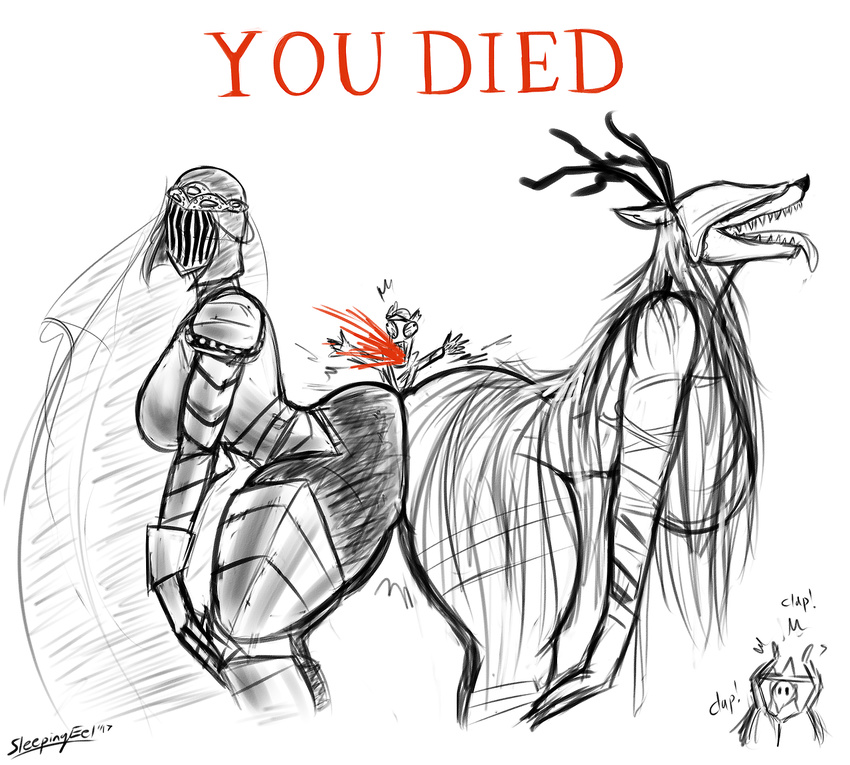 anthro antlers armor big_breasts big_butt black_and_white_and_red blood bloodborne breasts butt clapping crossover dancer_of_the_boreal_valley dark_souls dark_souls_3 death_by_snu_snu english_text female fur group helmet horn huge_breasts human humanoid larger_female lordvader914 male mammal sharp_teeth size_difference smaller_male teeth text thick_thighs tongue tongue_out veil vicar_amelia video_games wendigo