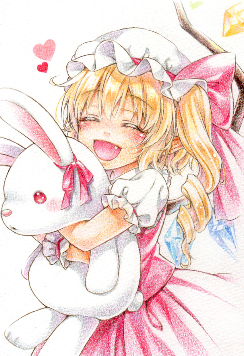 :d ^_^ blonde_hair bow closed_eyes commentary_request fang flandre_scarlet happy hat hat_bow heart highres hug mob_cap nora_wanko open_mouth side_ponytail smile solo stuffed_animal stuffed_bunny stuffed_toy touhou