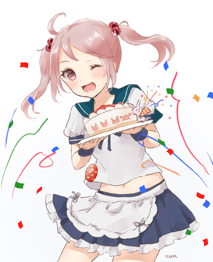 ahoge apron artist_name blue_sailor_collar blue_skirt bunny bunny_hair_ornament cake confetti cowboy_shot crab food frilled_skirt frills hair_bobbles hair_ornament highres holding holding_food kantai_collection looking_at_viewer midriff navel nuno_(pppompon) one_eye_closed open_mouth party_popper pink_eyes pink_hair pleated_skirt sailor_collar sazanami_(kantai_collection) school_uniform serafuku short_hair short_sleeves simple_background skirt smile solo teeth tray twintails white_background wrist_cuffs