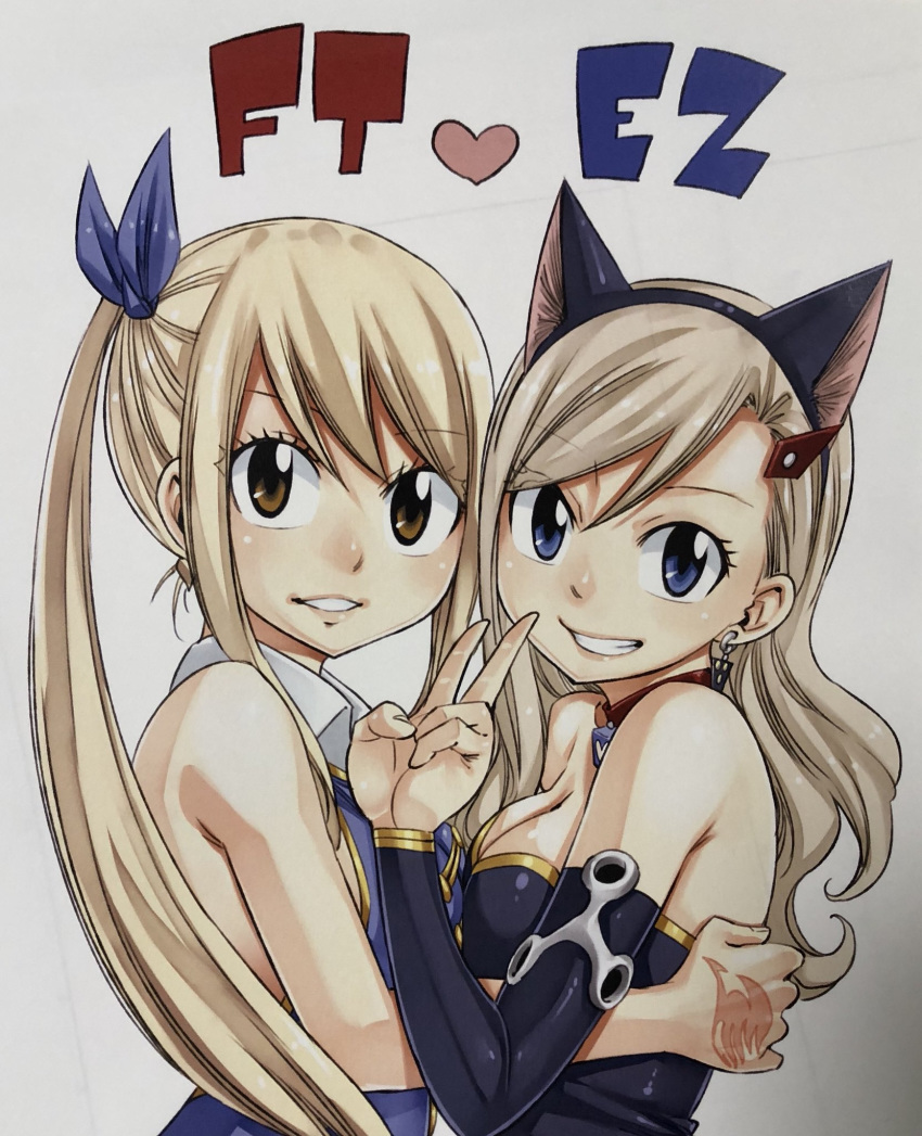 2girls animal_ears bangs black_hairband black_sleeves blonde_hair blue_bow blue_eyes blue_shirt bow breast_press breasts cat_ears cleavage collar copyright_name creator_connection detached_sleeves earrings eden's_zero eden's_zero eyebrows_visible_through_hair fairy_tail fake_animal_ears from_side grey_background grin hair_between_eyes hair_bow hair_ornament hairband hairclip heart highres jewelry long_hair long_sleeves looking_at_viewer lucy_heartfilia mashima_hiro medium_breasts multiple_girls official_art ponytail rebecca_(eden's_zero) rebecca_(eden's_zero) shirt sketch sleeveless sleeveless_shirt smile swept_bangs symmetrical_docking tattoo upper_body v