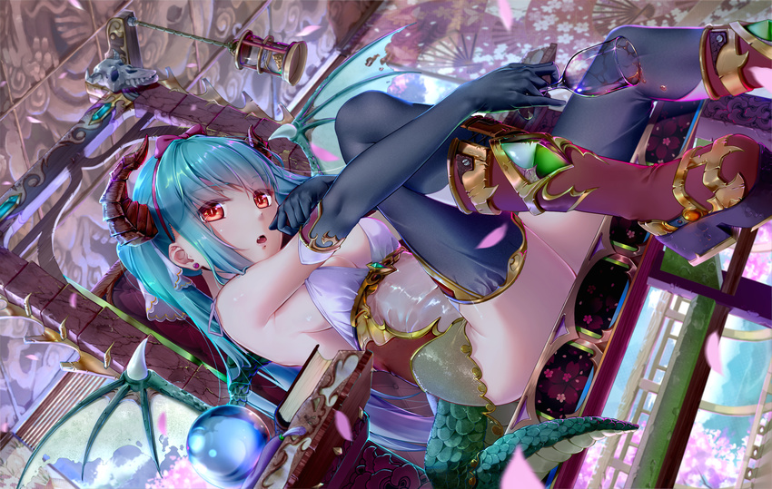 aqua_hair black_gloves black_legwear book boots chair cup drinking_glass earrings elbow_gloves fang from_below gloves hatsune_miku highres horns jewelry long_hair looking_at_viewer open_mouth orange_eyes platform_boots sitting skull solo tail thighhighs vocaloid wine_glass wings xuanlin_jingshuang