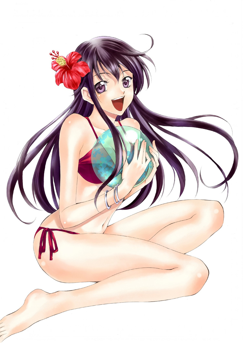 :d ball bare_shoulders beachball bikini black_hair bracelet breasts cleavage collarbone eba_yuzuki floating_hair flower full_body hair_flower hair_ornament hibiscus highres holding holding_ball jewelry kimi_no_iru_machi long_hair medium_breasts navel open_mouth purple_eyes red_bikini red_flower seo_kouji shiny shiny_skin side-tie_bikini simple_background smile solo swimsuit transparent very_long_hair white_background