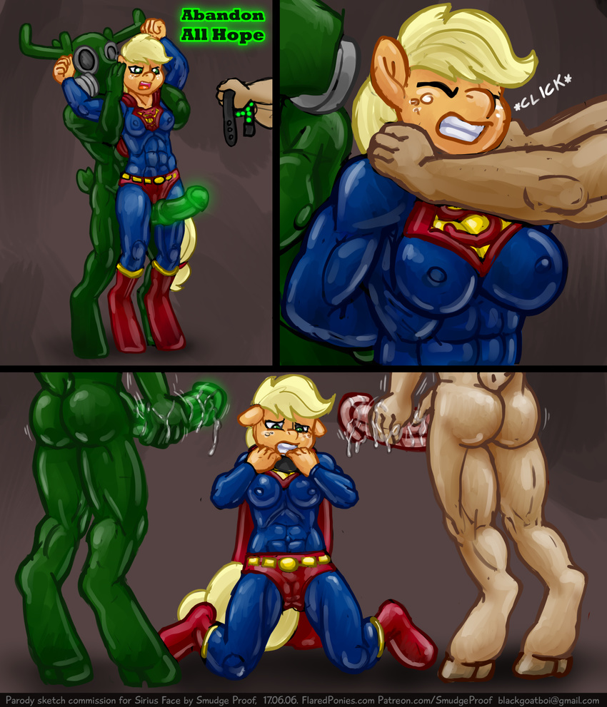 abandon_all_hope abs applejack_(mlp) balls bdsm camel_toe collar cosplay crossover dc_comics fall_of_equestria female forced friendship_is_magic glowing hyper kryptonite male male/female masturbation mmf muscular my_little_pony nipples penis precum pussy sketch smudge_proof superman