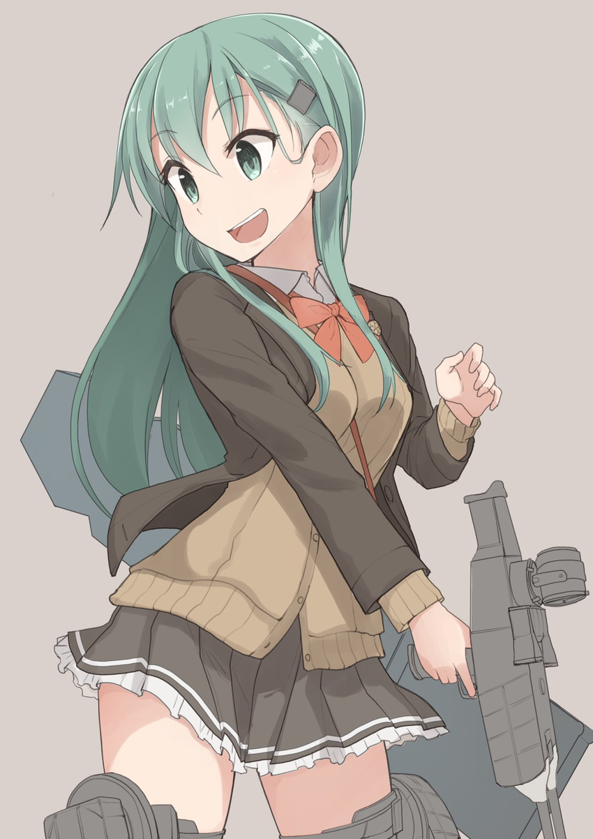 aqua_eyes aqua_hair bad_id bad_twitter_id banned_artist between_breasts bow bowtie breasts brown_background brown_jacket cannon cardigan collared_shirt cowboy_shot eyebrows_visible_through_hair frilled_skirt frills gun hair_ornament hairclip highres jacket kantai_collection long_hair looking_down looking_to_the_side open_mouth red_bow red_neckwear remodel_(kantai_collection) searchlight shirt simple_background skirt solo strap_cleavage suzuya_(kantai_collection) sweater thigh_strap trigger_discipline weapon yopan_danshaku