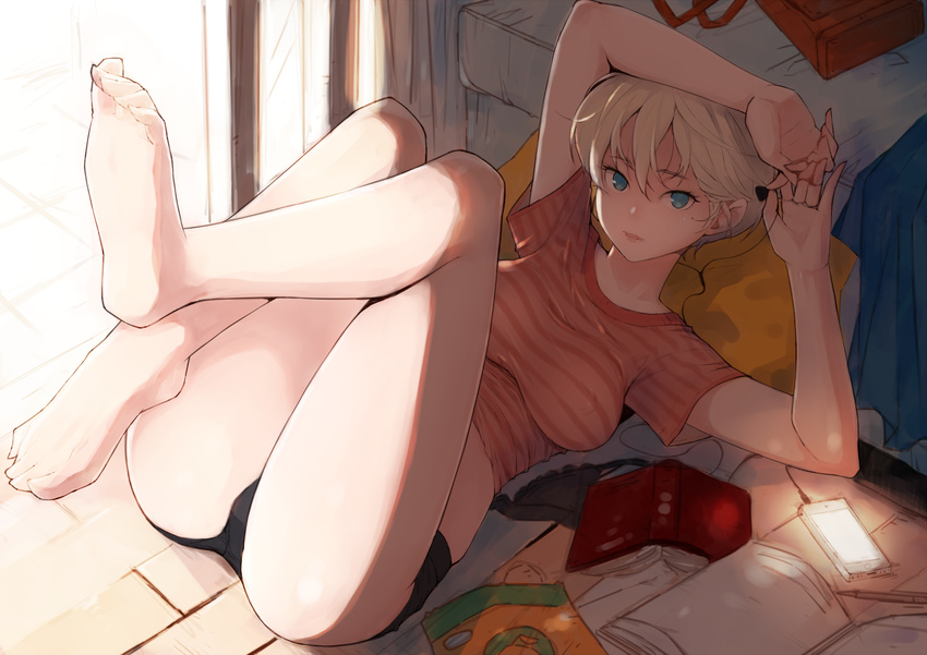 aqua_eyes arms_up bangs bed black_shorts blee blonde_hair book breasts day digital_media_player earphones hair_between_eyes highres holding indoors large_breasts looking_at_viewer loungewear lying on_back open_book orange_shirt original parted_lips pencil shade shirt short_hair short_shorts shorts single_earphone_removed soles solo striped striped_shirt thighs
