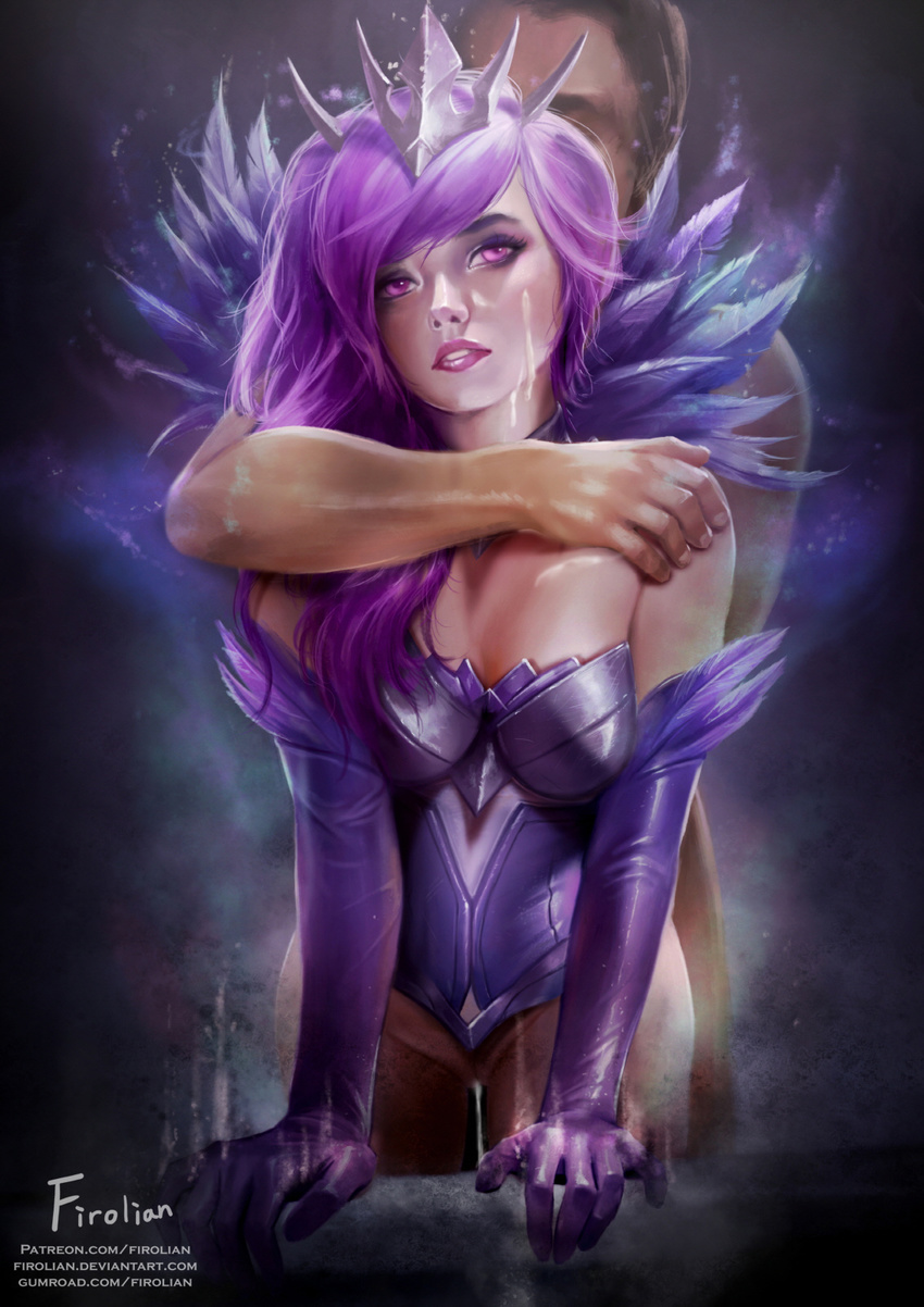 1girl arm_support bottomless clothed_female_nude_male cum elbow_gloves facial feather_trim firolian from_behind gloves highres hug hug_from_behind league_of_legends lipstick long_hair looking_back luxanna_crownguard makeup no_panties nude parted_lips patreon_username purple_hair tiara