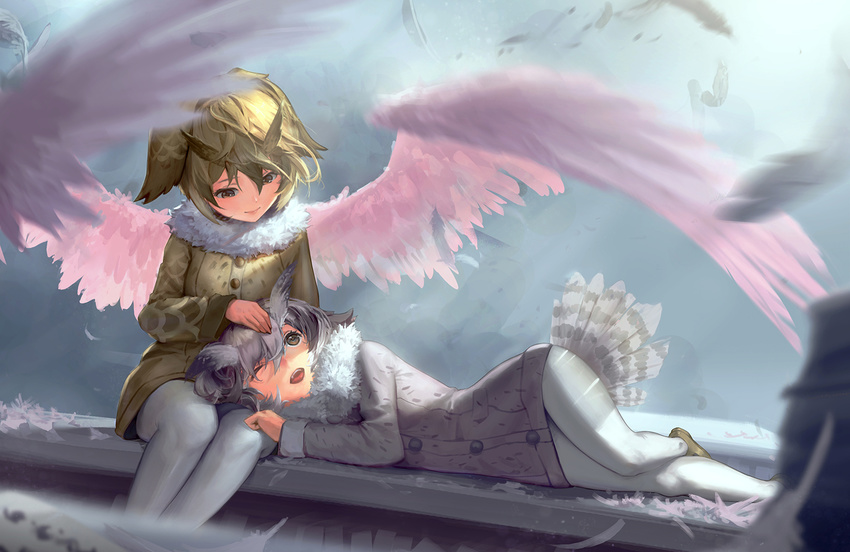 ;d alternate_wings angel_wings blurry brown_eyes buttons clenched_hand coat commentary depth_of_field eurasian_eagle_owl_(kemono_friends) eye_contact eyelashes feathered_wings feathers fur_collar gradient_hair grey_coat grey_hair hair_between_eyes hand_on_another's_head hand_on_another's_thigh head_wings kemono_friends lap_pillow legs_together light_brown_eyes light_brown_hair long_sleeves looking_at_another looking_down looking_up lying mary_janes multicolored_hair multiple_girls northern_white-faced_owl_(kemono_friends) on_side one_eye_closed open_mouth outdoors pantyhose petting pocket revision sanpaku shoes short_hair sitting sky sleeve_cuffs smile spread_wings tareme teeth tongue tsurime two-tone_hair upper_teeth white_hair white_legwear wings yellow_footwear yuho_(goodtest)