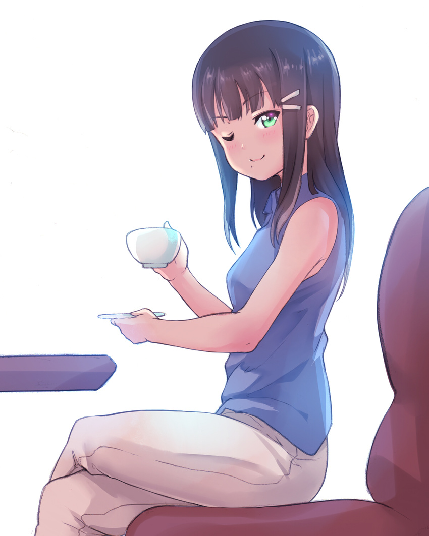 ;) bangs black_hair blue_shirt blunt_bangs collared_shirt crossed_legs cup from_side green_eyes hair_ornament hairclip highres kanabun kurosawa_dia long_hair looking_at_viewer love_live! love_live!_sunshine!! mole mole_under_mouth one_eye_closed pants restaurant saucer shirt sitting sleeveless sleeveless_shirt smile solo table teacup white_pants