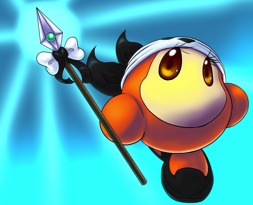 bandana_waddle_dee bear blue_background brown_eyes crossgender female kirby_(series) mammal melee_weapon nintendo panda polearm ribbons simple_background solo spear vasteelnoire video_games waddling_head weapon