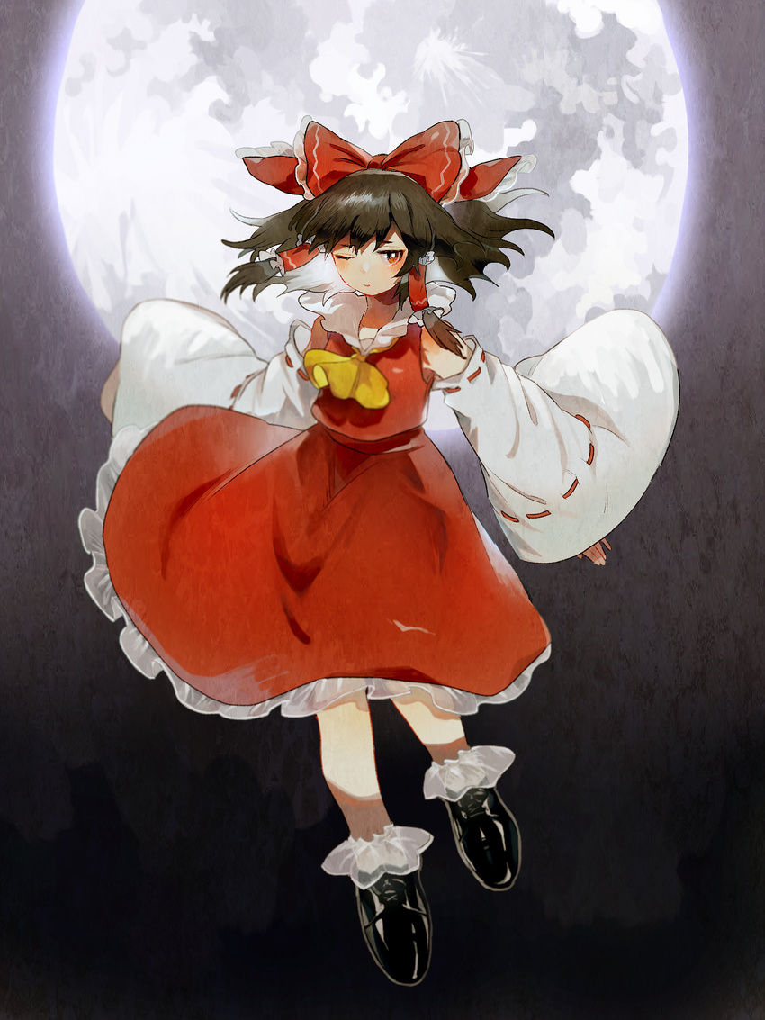 black_hair blush brown_hair commentary_request damenaito detached_sleeves flying frilled_skirt frills full_moon hair_ribbon hair_tubes hakurei_reimu highres long_hair looking_at_viewer moon neckerchief nontraditional_miko one_eye_closed red_eyes red_skirt ribbon sailor_collar skirt solo touhou wide_sleeves