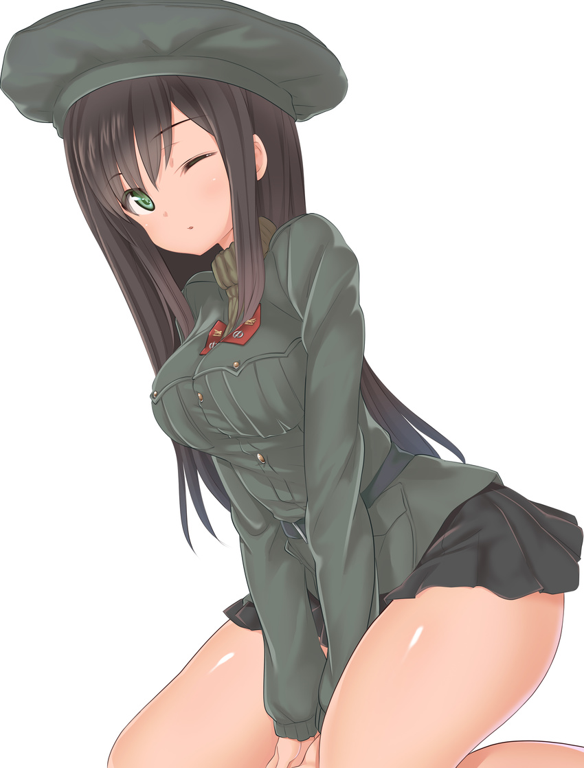 a9b_(louis814) absurdres animal_ears between_legs breasts brown_hair federica_n_doglio green_eyes hand_between_legs highres leaning_forward lips long_hair looking_at_viewer medium_breasts military military_jacket military_uniform miniskirt one_eye_closed pleated_skirt shiny shiny_skin simple_background sitting skirt solo strike_witches uniform world_witches_series