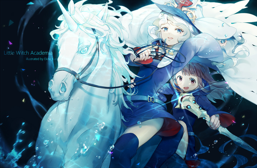 :d animal arm_up artist_name blonde_hair blue_eyes brown_hair copyright_name diana_cavendish dress droplet ekita_xuan hat highres kagari_atsuko little_witch_academia long_hair multiple_girls open_mouth pegasus red_eyes reins school_uniform shiny_rod smile sparkle thighhighs unicorn wand wings witch witch_hat