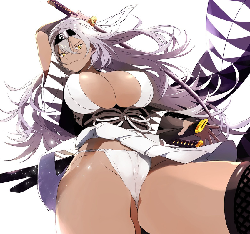 arm_guards arm_up black_legwear breasts cameltoe cleavage closed_mouth copyright_request cowboy_shot dark_skin foreshortening from_below fundoshi grey_hair headband highres japanese_clothes katana large_breasts long_hair mozi obi sash sheath simple_background solo sword thighhighs weapon white_background yellow_eyes