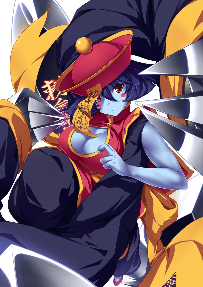 :/ absurdres bare_arms blue_hair blue_skin blush_stickers breasts chinese_clothes claws cleavage cleavage_cutout closed_mouth commentary_request flipped_hair foreshortening hat highres jiangshi large_breasts lei_lei long_sleeves looking_at_viewer ofuda red_eyes short_hair solo ugume v-shaped_eyebrows vampire_(game)