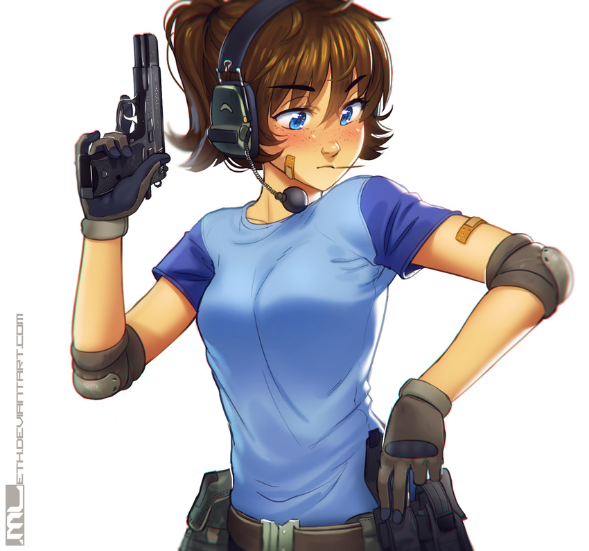 bandaid bandaid_on_arm bandaid_on_face belt belt_pouch black_gloves blue_eyes blush breasts brooke_(mathias_leth) brown_hair cz-75 ear_protection elbow_pads eyebrows_visible_through_hair freckles gloves gun handgun headset highres long_hair magazine_(weapon) mathias_leth original pistol ponytail pouch raglan_sleeves revision shirt small_breasts solo t-shirt trigger_discipline weapon white_background