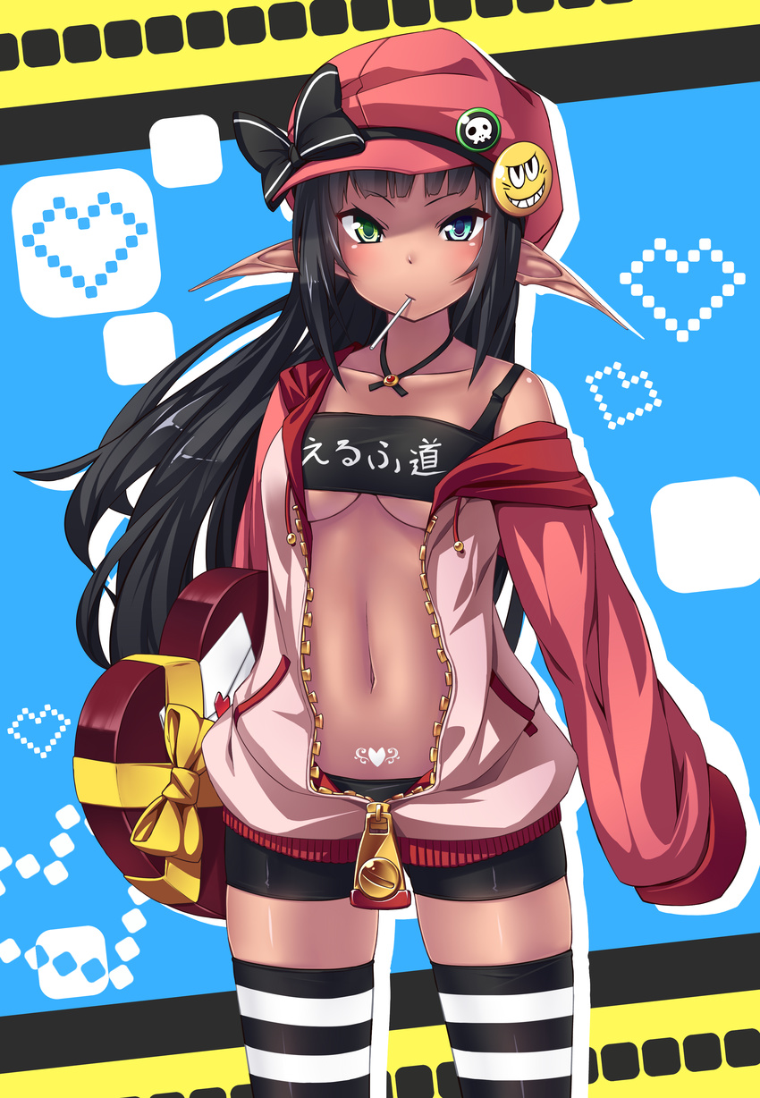absurdres bangs black_hair blunt_bangs bow chocolate chocolate_heart collarbone commentary dark_skin elf hat heart heterochromia highres letter long_hair looking_at_viewer mouth_hold original pointy_ears shorts solo straight_hair striped tattoo thighhighs tsurime ugume valentine