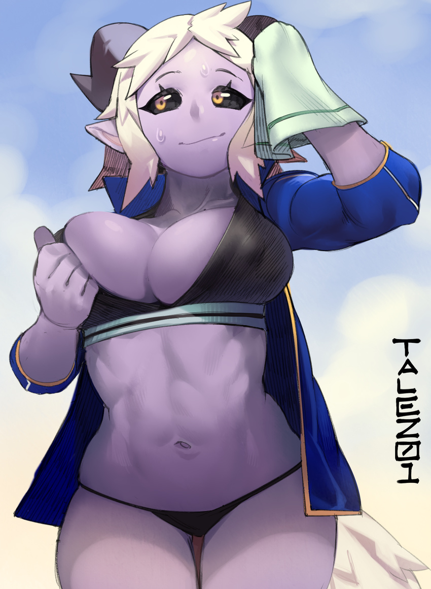 1girl breasts cleavage horns jacket large_breasts muscular navel pointy_ears purple_skin saraga solo sweat talez talez01 thong thundragon towel white_hair yellow_eyes