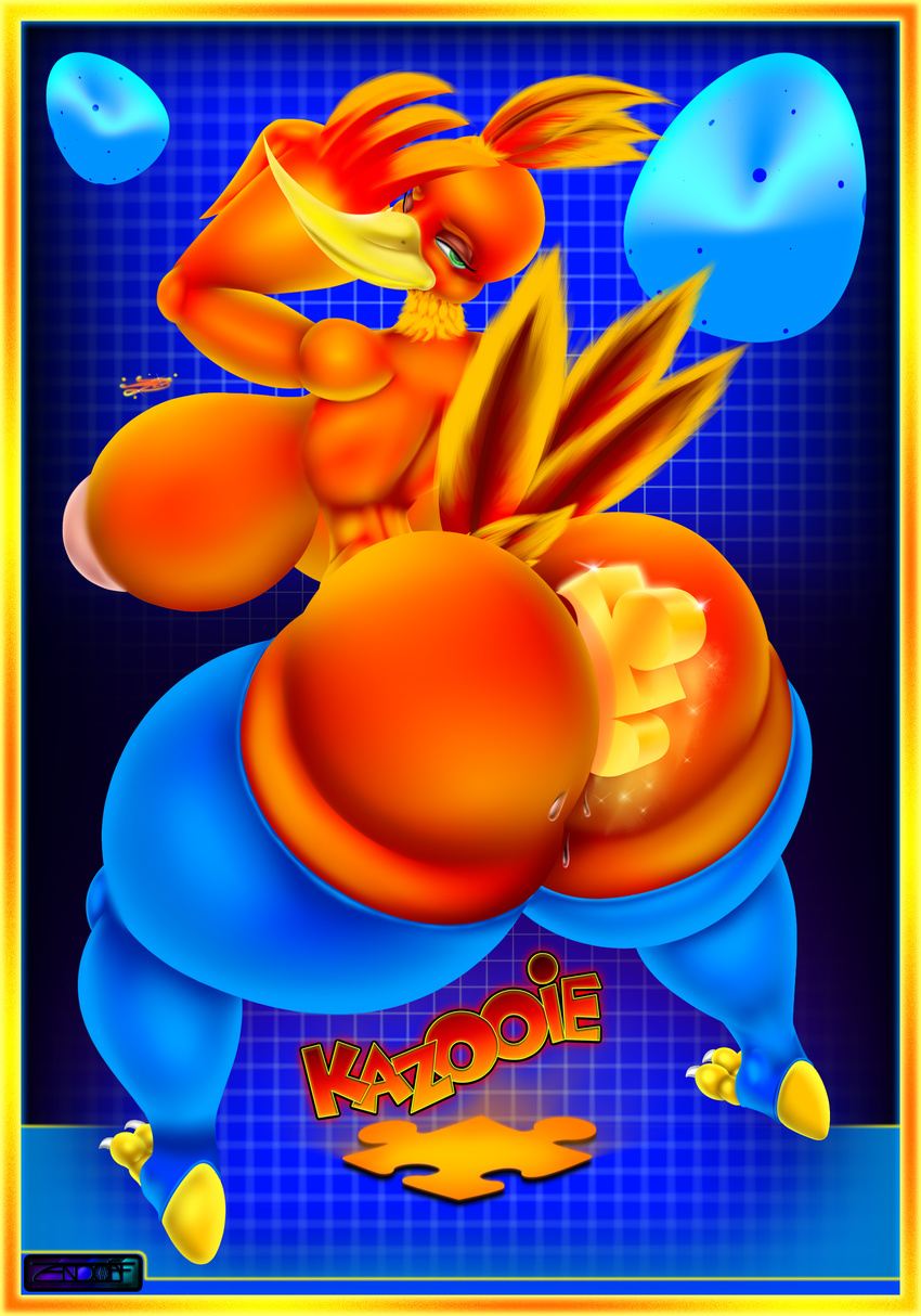 areola banjo-kazooie beak bedroom_eyes big_breasts big_butt breasts butt feathers green_eyes half-closed_eyes huge_butt kazooie looking_at_viewer rare_ware seductive sweat thick_thighs video_games