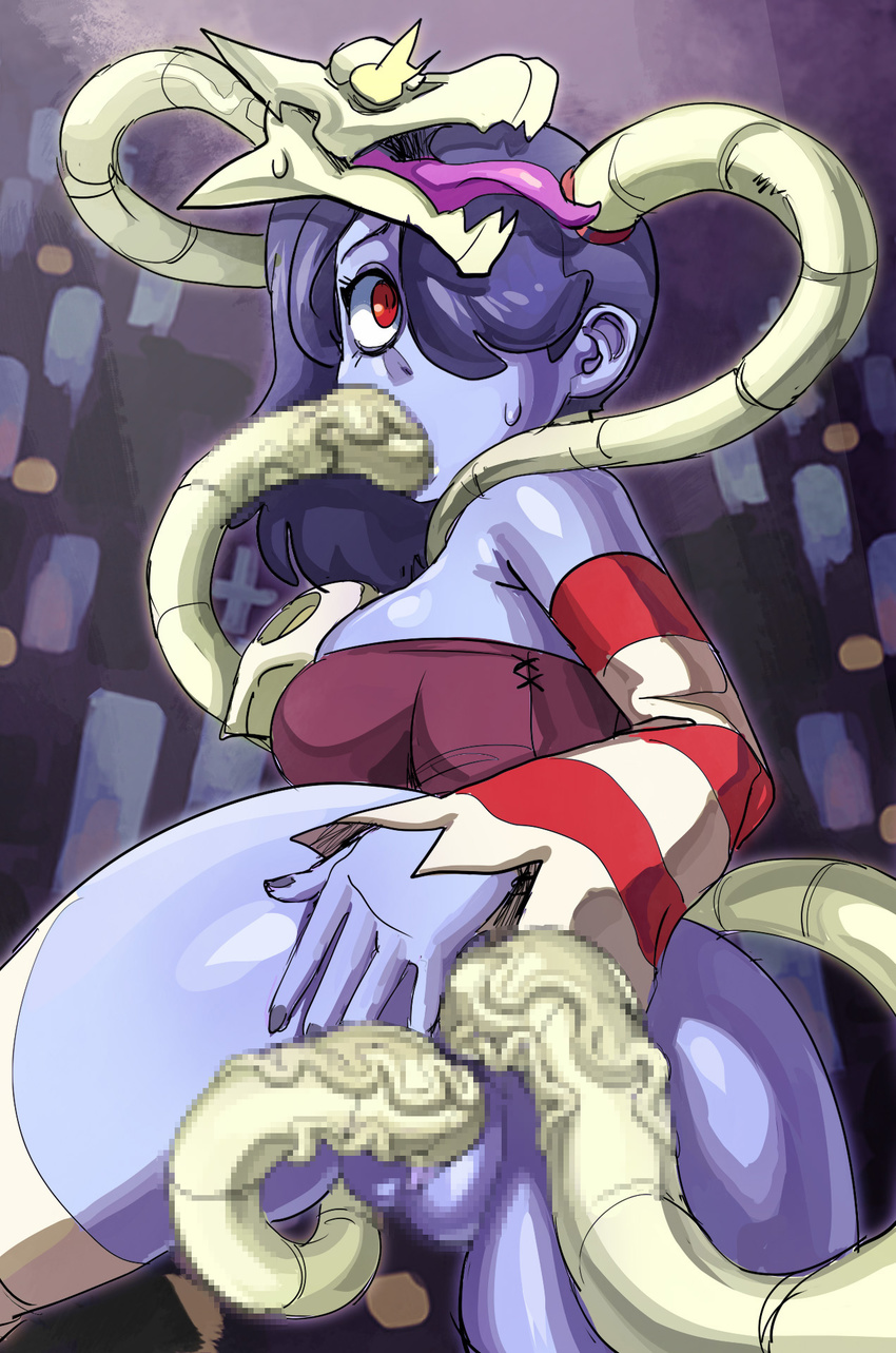 all_the_way_through anal ass bestiality blue_skin breasts censored deepthroat fellatio hair_over_one_eye highres large_breasts leviathan_(skullgirls) maniacpaint mosaic_censoring no_panties oral purple_hair red_eyes side_ponytail skullgirls solo spread_ass squigly_(skullgirls) stitched_mouth stitches tentacles vaginal