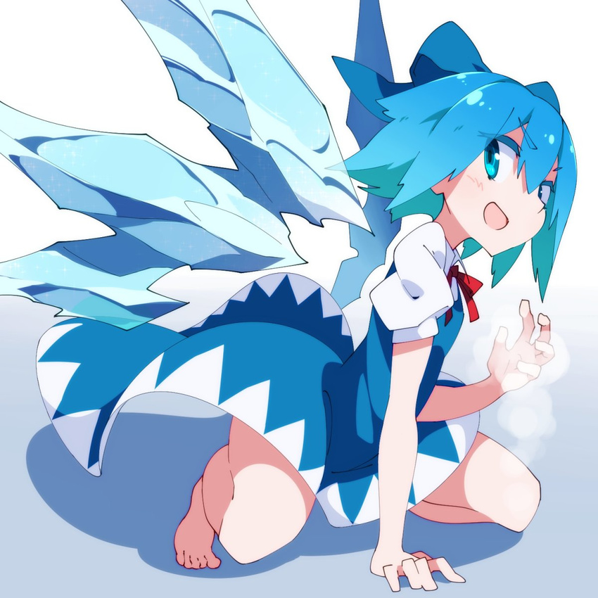 :d barefoot blue_eyes blue_hair blush bow cirno commentary hair_bow highres ice ice_wings legs looking_at_viewer mikan_(mkn_0710) open_mouth smile solo squatting toes touhou v-shaped_eyebrows wings