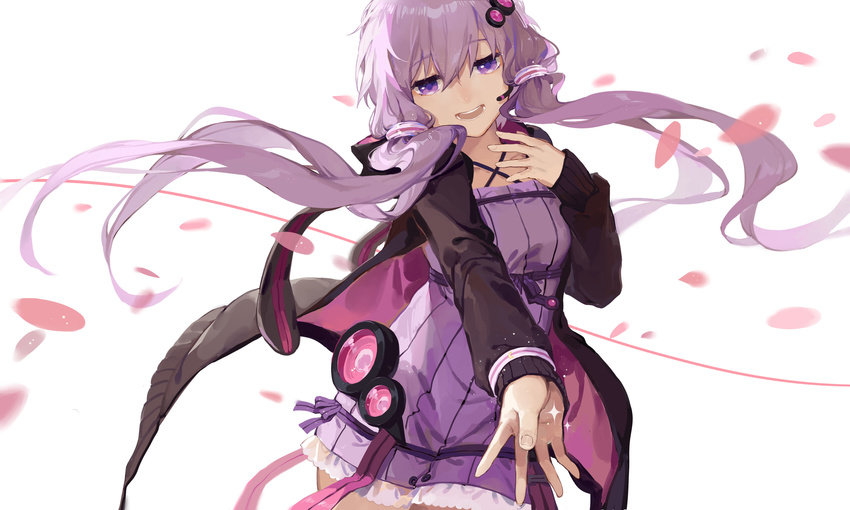 :d absurdres aimota black_sweater bow collarbone dress floating_hair hair_bow highres long_hair microphone open_mouth outstretched_arm petals purple_dress purple_eyes purple_hair short_dress simple_background smile solo striped sweater twintails vertical-striped_dress vertical_stripes very_long_hair vocaloid voiceroid white_background yuzuki_yukari