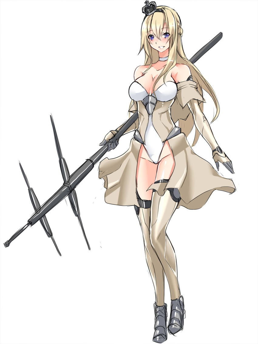 :d adapted_costume ankle_boots bare_shoulders black_footwear black_hairband blonde_hair blue_eyes blush boots braid breasts brown_legwear cleavage commentary_request crown elbow_gloves eyebrows_visible_through_hair french_braid full_body gloves grin groin hair_between_eyes hairband highres holding kantai_collection leotard long_hair looking_at_viewer maron_(kagamikunn) medium_breasts open_mouth parted_lips shiny shiny_skin simple_background sketch smile solo standing strapless strapless_leotard taimanin_(series) taimanin_asagi taimanin_suit tareme thighhighs thighs very_long_hair waist_cape warspite_(kantai_collection) white_background white_leotard